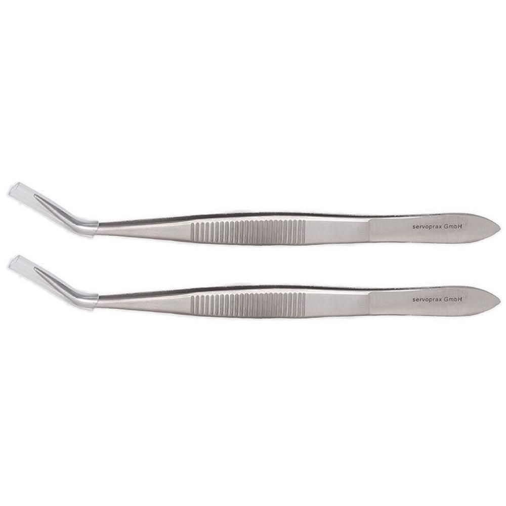 Zwei gebogene Zahnzangen aus Metall. Geriffelte Griffflächen. Aufschrift: senvipharm GmbH.