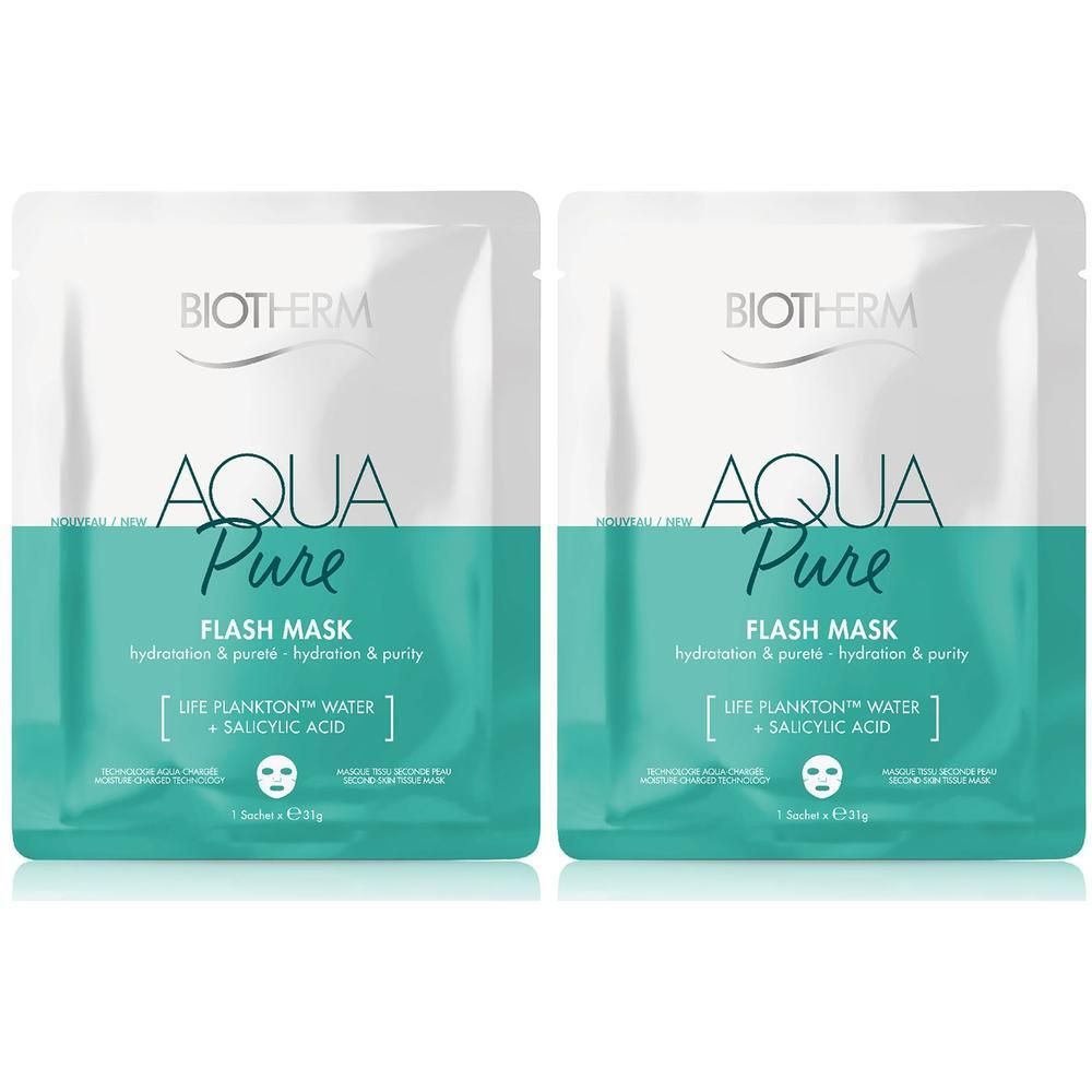 Zwei quadratische Beutel mit weißem und türkisblauem Design. Aufschrift: BIOTHERM, AQUA Pure, FLASH MASK, LIFE PLANKTON WATER + SALICYLIC ACID.