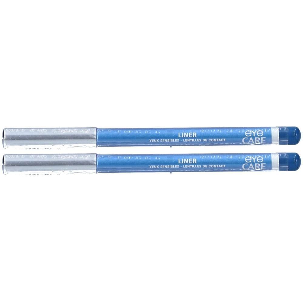 Zwei blaue Eye Care Liner Stifte mit silbernen Kappen. Aufschrift: Liner, yeux sensibles, lentilles de contact.