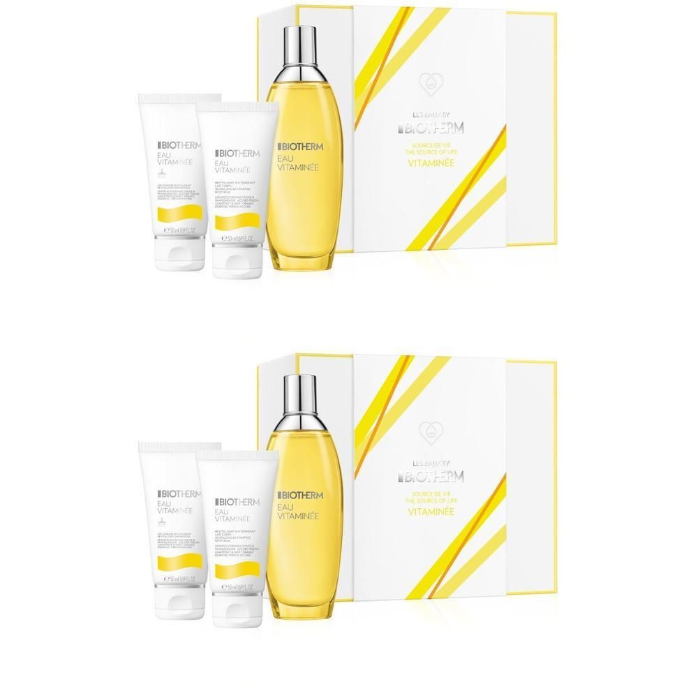 Geschenkset mit zwei Tuben, einer Flasche und einer Schachtel. Aufschrift: BIOTHERM Eau Vitaminee. Gelbe Flüssigkeit in der Flasche.