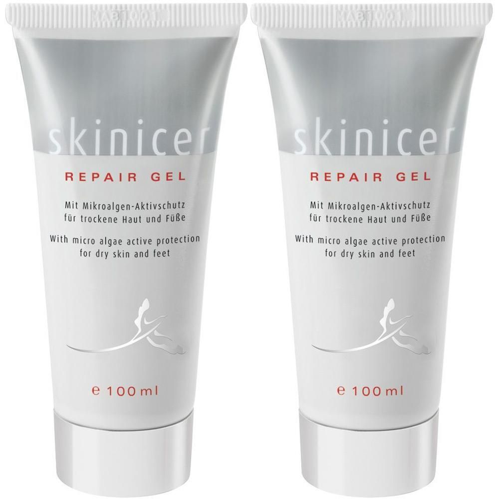 Zwei Tuben mit weißem Hintergrund. Aufschrift: skinicer Repair Gel. Text in Deutsch und Englisch. Unten: e 100 ml.