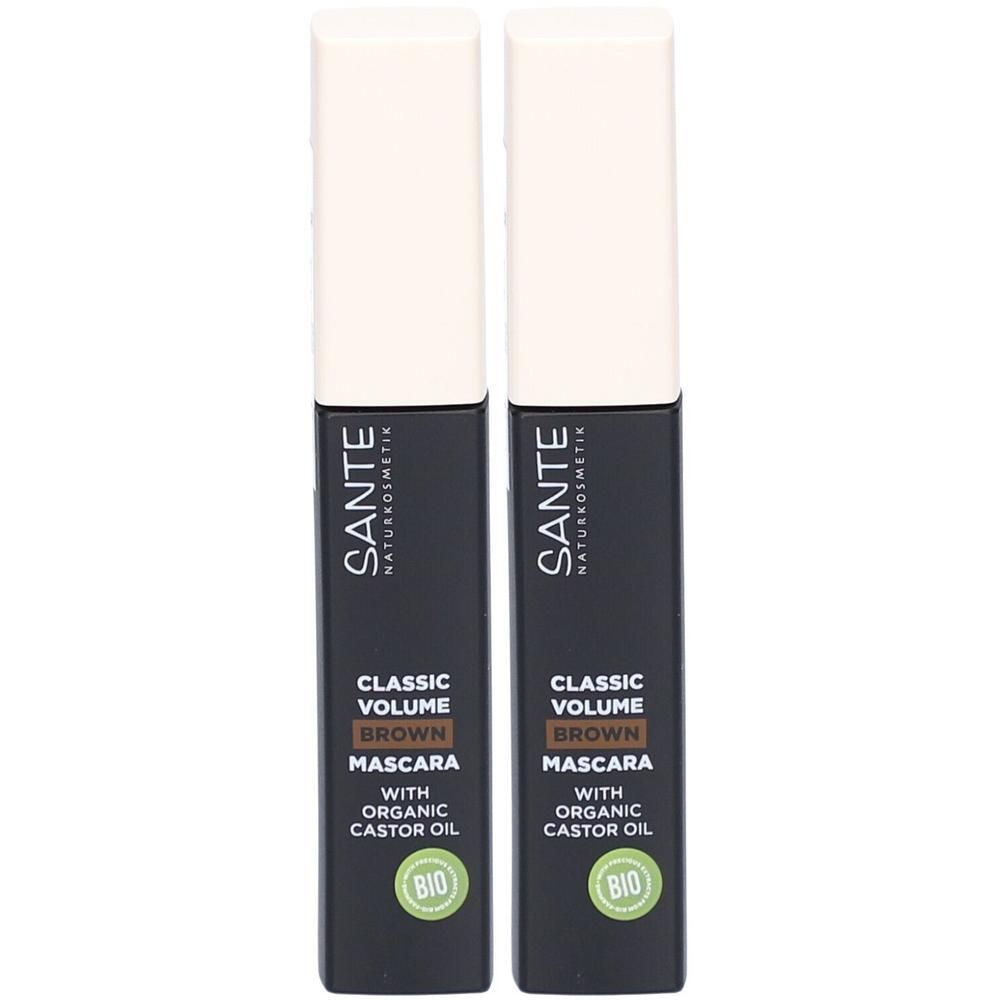 Zwei Mascara-Tuben. Schwarze Tuben mit weißem Deckel. Aufschrift: SANTE, Classic Volume Brown Mascara, mit Bio-Rizinusöl. Bio-Siegel.