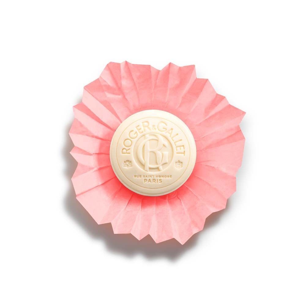 Runde Seife, rosa Papier. Auf der Seife: ROGER & GALLET, Fleur de Figuier. Text in französischer Sprache.