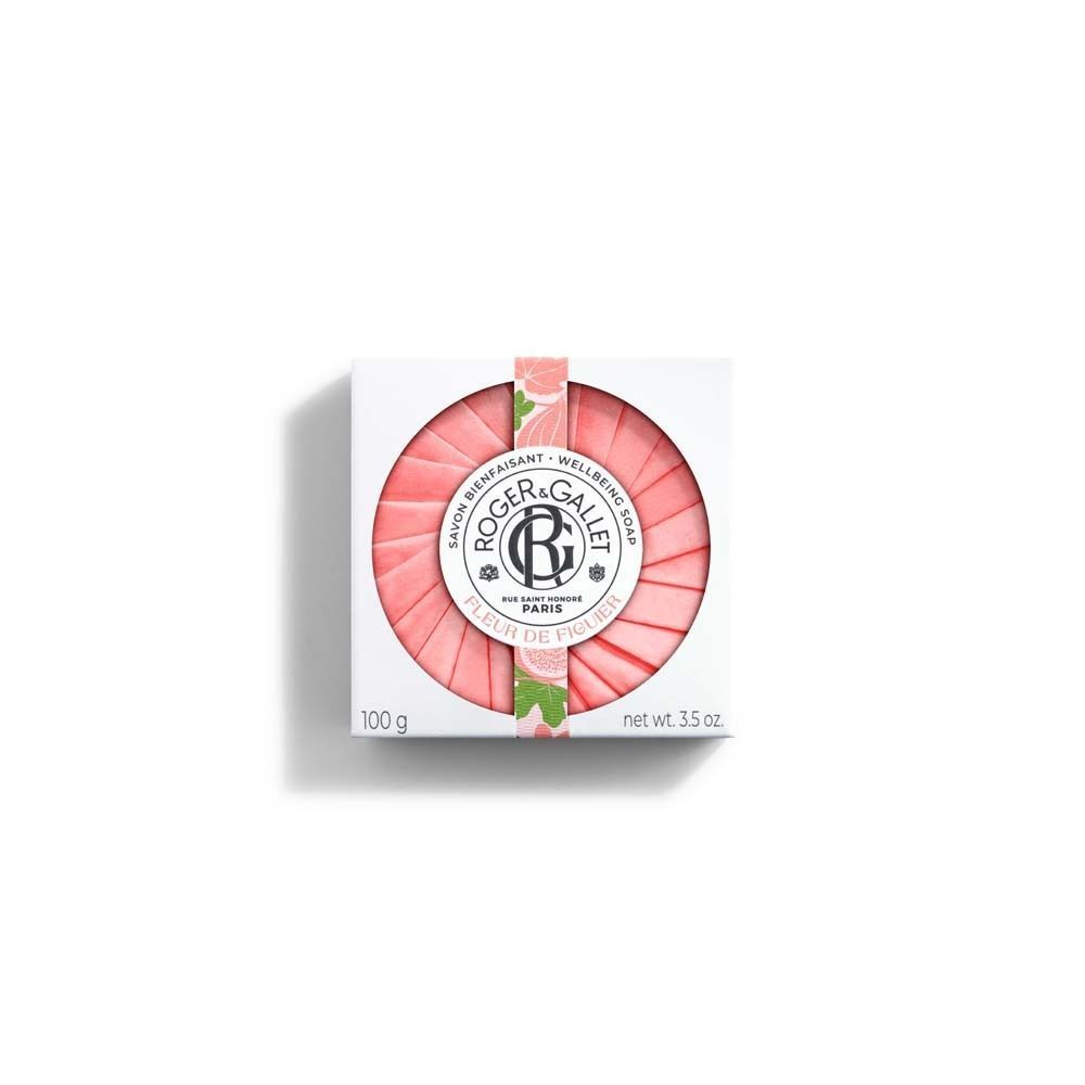 Verpackung mit runder Seife, rosa. Auf der Verpackung: ROGER & GALLET, Fleur de Figuier. Gewicht: 100 g, 3.5 oz.