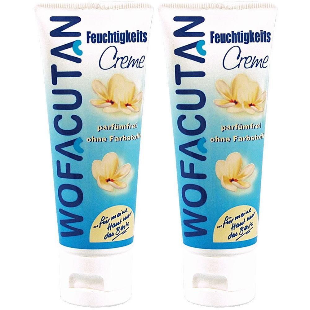 Zwei Tuben Creme. Aufschrift: WOFACUTAN, Feuchtigkeits Creme, parfümfrei, ohne Farbstoffe. Abbildung von Blüten.