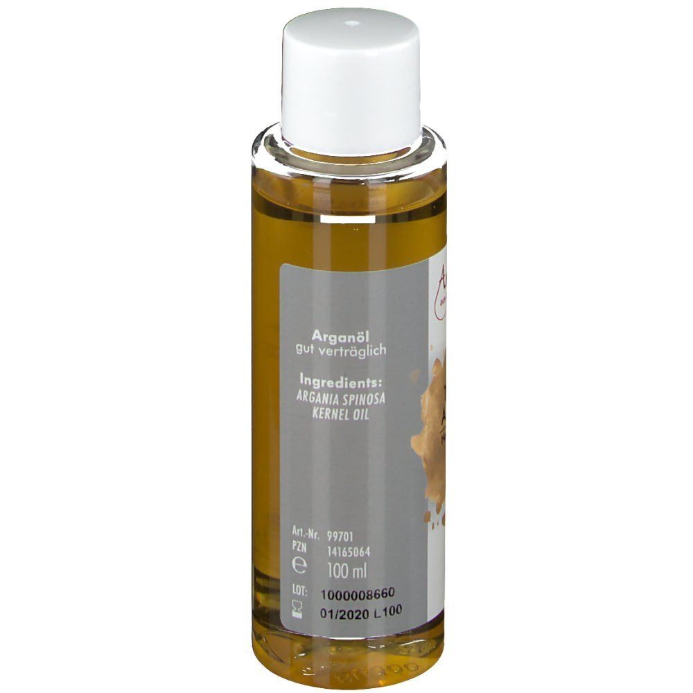Arganöl-Flasche, Rückseite. Weißer Deckel, Etikett mit Text. "Arganöl gut verträglich" und Inhaltsstoffe: Argania Spinosa Kernel Oil.