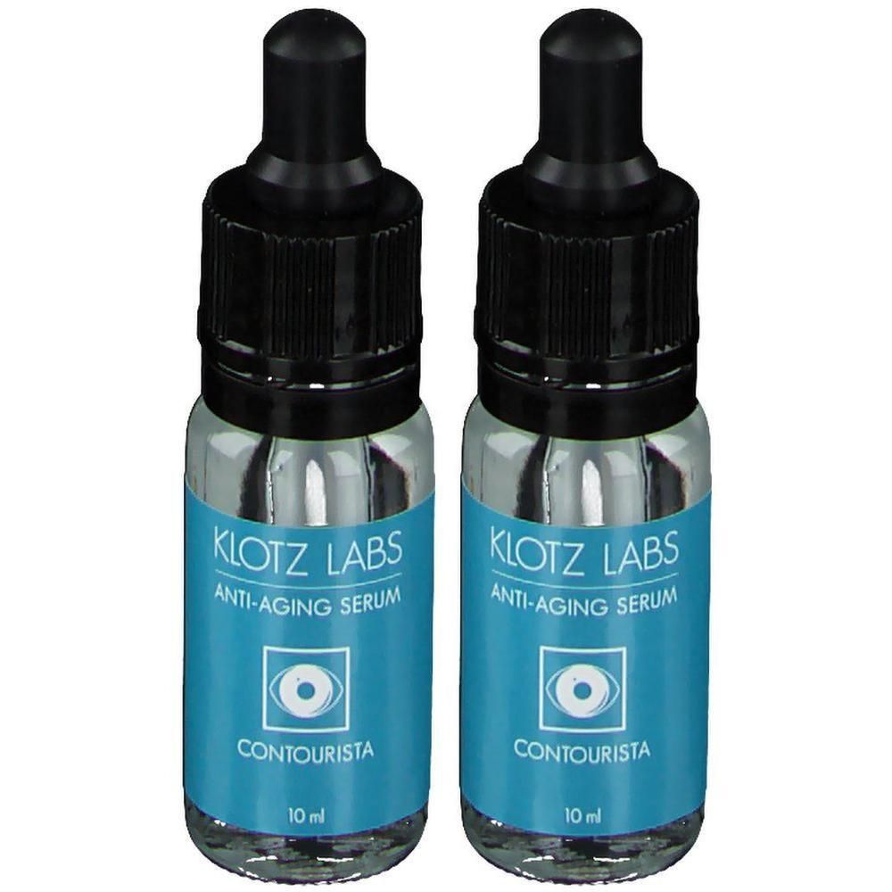 Zwei Fläschchen KLOTZ LABS Contourista Anti-Aging Serum mit schwarzer Pipette und blauem Etikett. Aufschrift: Contourista, 10 ml.