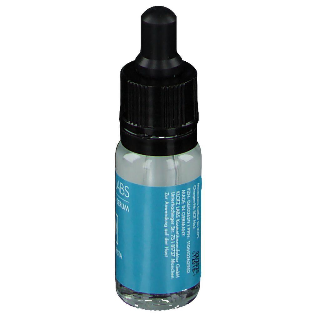 Fläschchen KLOTZ LABS Contourista Anti-Aging Serum mit schwarzer Pipette und blauem Etikett. Aufschrift: Contourista, 10 ml. Rückseite mit Text.