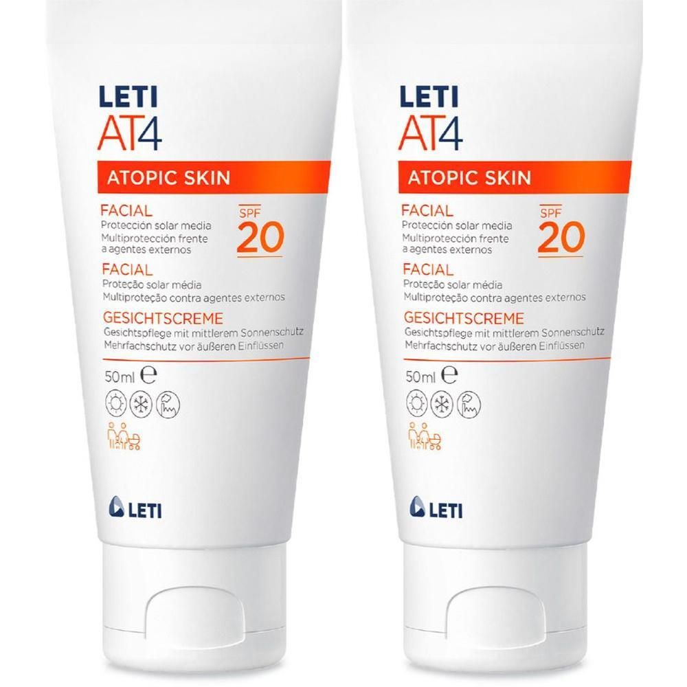 Zwei weiße Tuben LETI AT4 Gesichtscreme SPF 20. Aufschrift: ATOPIC SKIN, FACIAL, GESICHTSCREME, 20.