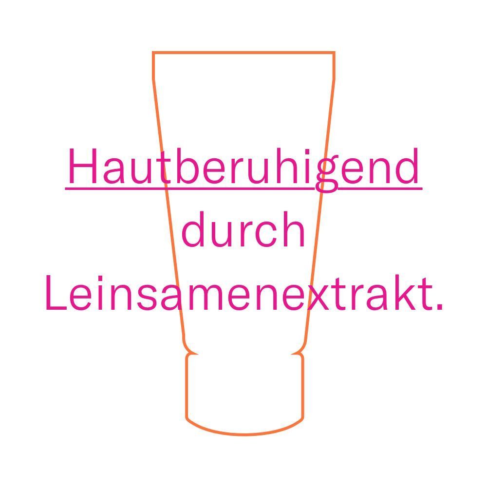 Orangefarbene Umrisszeichnung einer Tube. Text: Hautberuhigend durch Leinsamenextrakt.