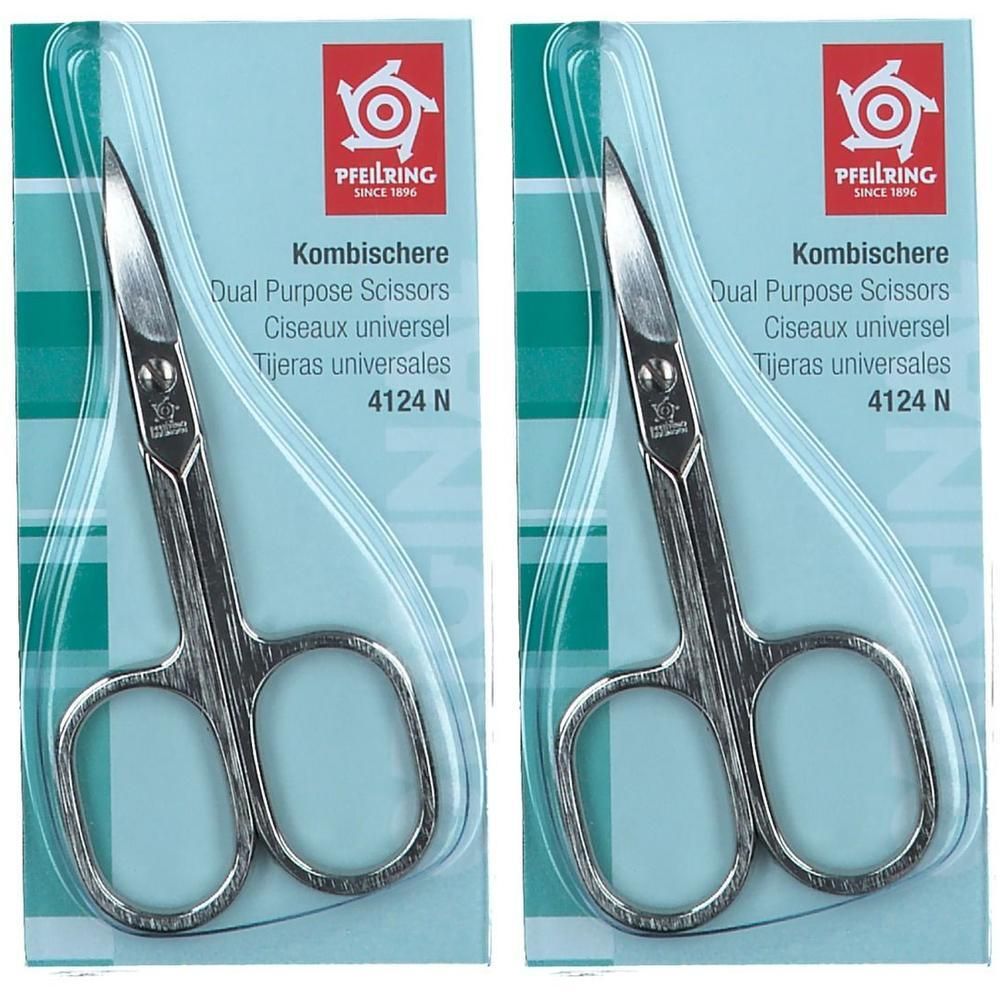 Zwei Kombischeren in Blisterverpackung. Metallfarbene Scheren mit abgerundeten Griffen. Auf der Verpackung steht "PFEILRING" und "Kombischere".