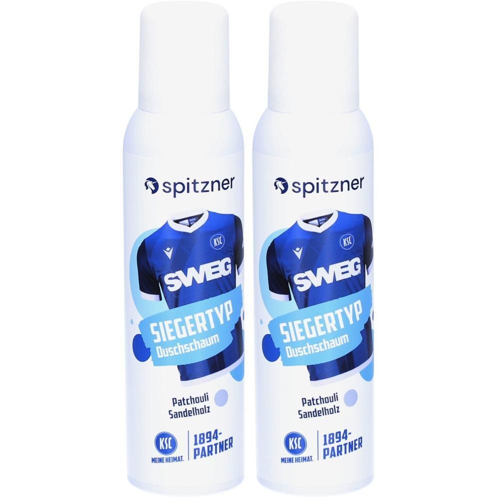 Zwei weiße Sprühflaschen mit blauem Etikett. Aufschrift: Spitzner, SIEGERTYP Duschschaum, Patchouli Sandelholz. Logo: KSC 1894-PARTNER.