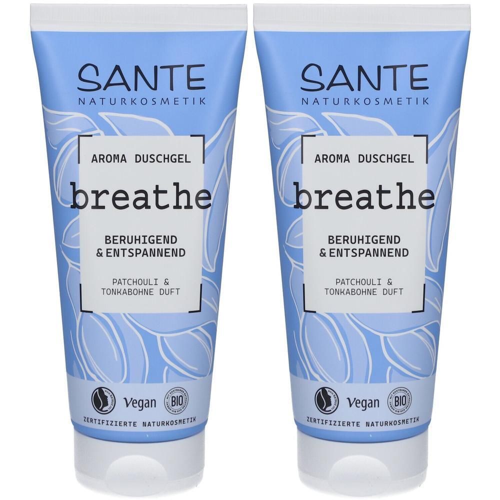 Zwei blaue Tuben mit weißer Schrift. Aufschrift: SANTE, Aroma Duschgel breathe, beruhigend & entspannend, Patchouli & Tonkabohne Duft. Vegan.