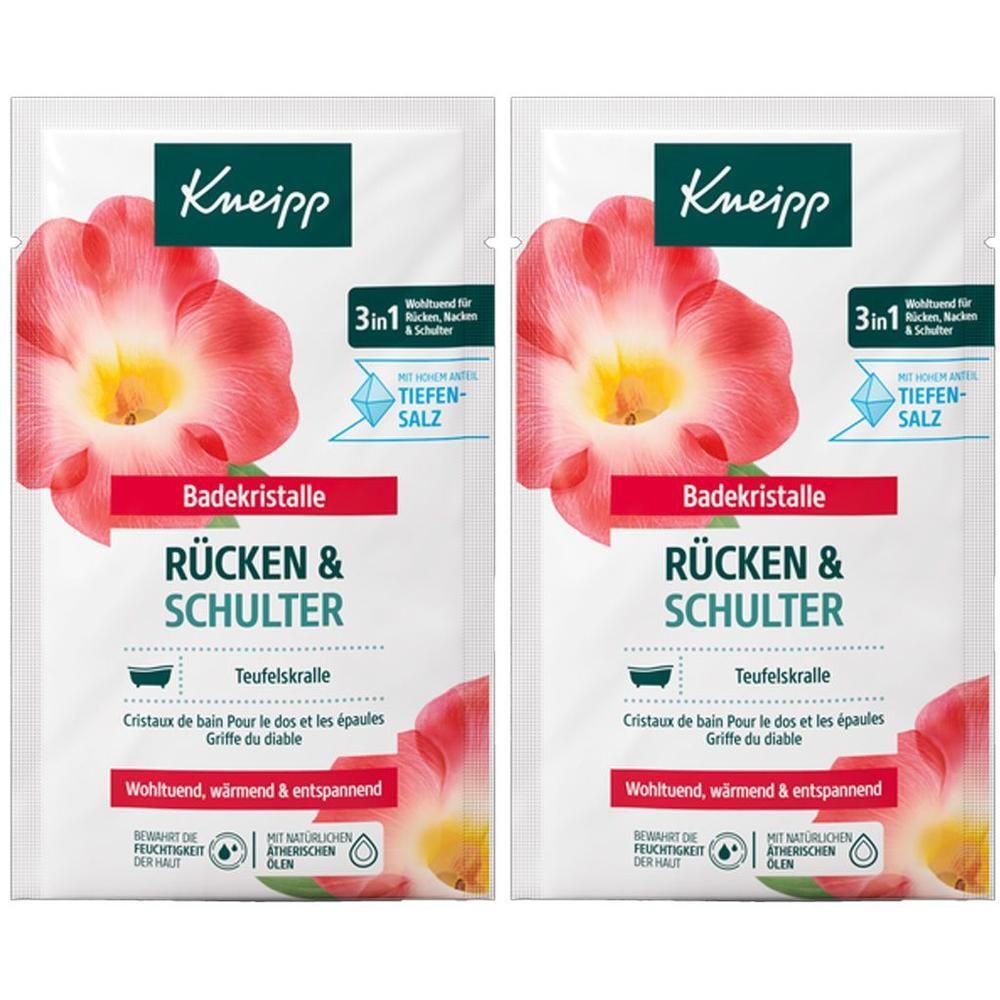 Zwei weiße Beutel mit Kneipp-Logo und floralem Design. Aufschrift: Badekristalle Rücken & Schulter, Teufelskralle, 3in1, Tiefensalz.