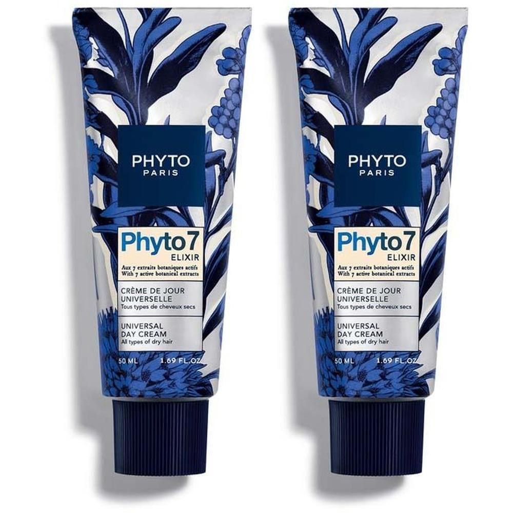 Zwei Phyto 7 Haartagescreme Tuben mit blauem Blumenmuster und silbernem Verschluss.