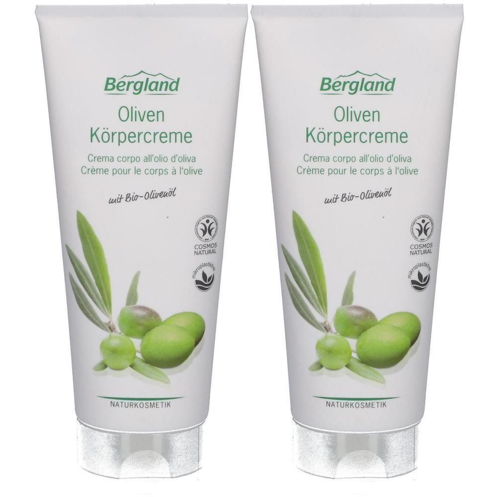 Zwei Tuben Körpercreme mit Olivenöl. Aufschrift: Bergland Oliven Körpercreme. Mit Bio-Olivenöl. Naturkosmetik.