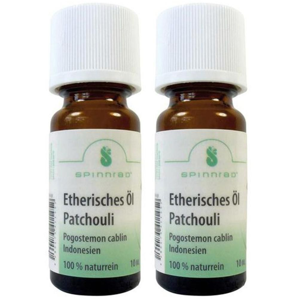 Zwei Flaschen ätherisches Öl. Etikett mit Produktname, Pflanzenart und Reinheitsgrad. Weiße Kappe, braune Glasflasche.