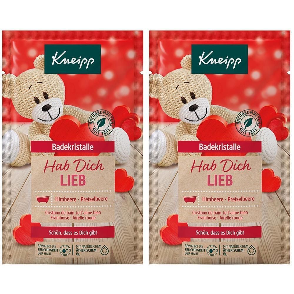 Zwei Beutel Kneipp® Badekristalle. Aufdruck: Teddybär, Herzen, Schriftzug. Produktname: Hab Dich Lieb. Inhaltsstoffe.