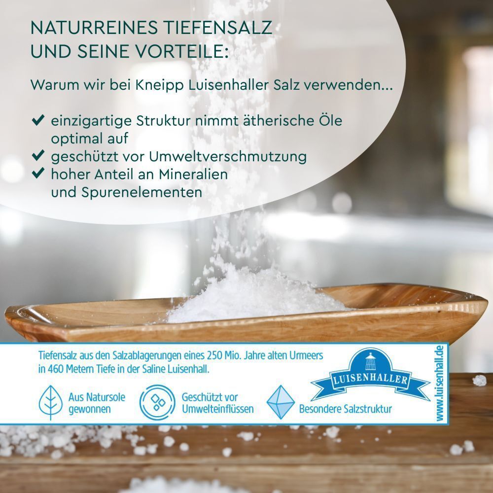 Holzschale mit Salz. Text: Naturreines Tiefensalz, Vorteile, Luisenhaller Salz. Logo: Luisenhaller.