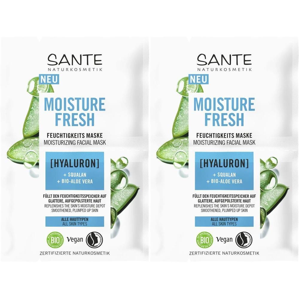 Zwei Feuchtigkeitsmasken. Aufschrift: MOISTURE FRESH, [HYALURON], BIO, Vegan. Zertifizierte Naturkosmetik. Aloe Vera-Motiv.