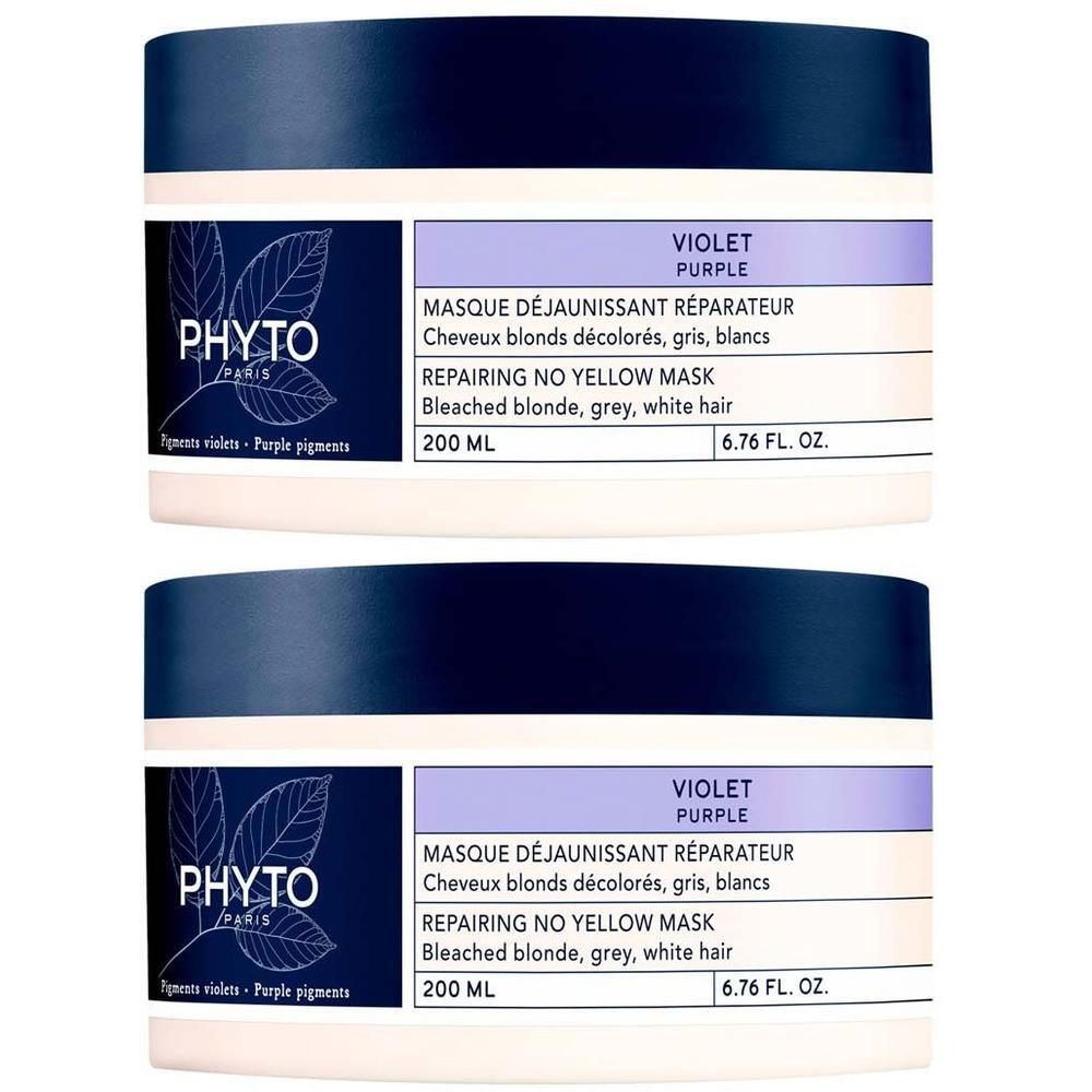 Zwei Tiegel mit violettem Deckel. Aufschrift: PHYTO PARIS, Violet Purple Maske. 200 ml.