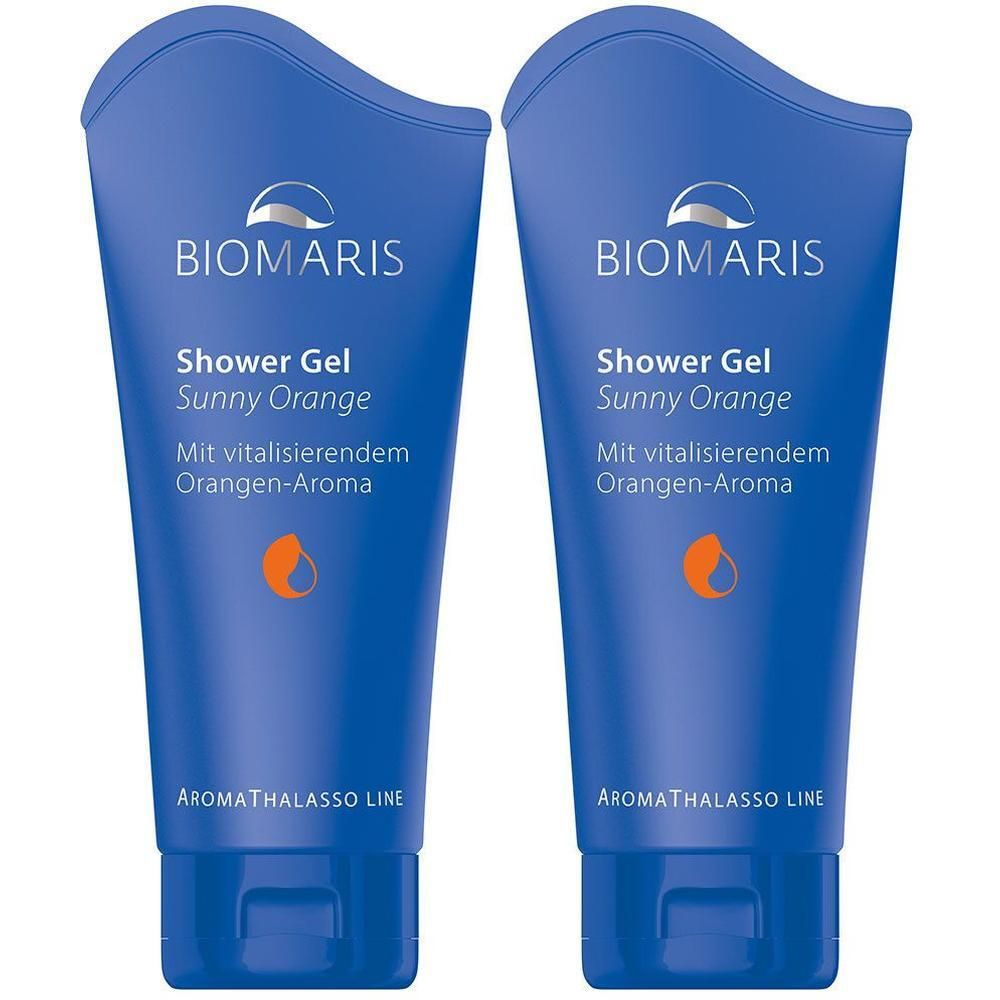Zwei blaue Tuben mit BIOMARIS-Logo und Schriftzug "Shower Gel Sunny Orange". Orangen-Aroma. AROMATHALASSO LINE.