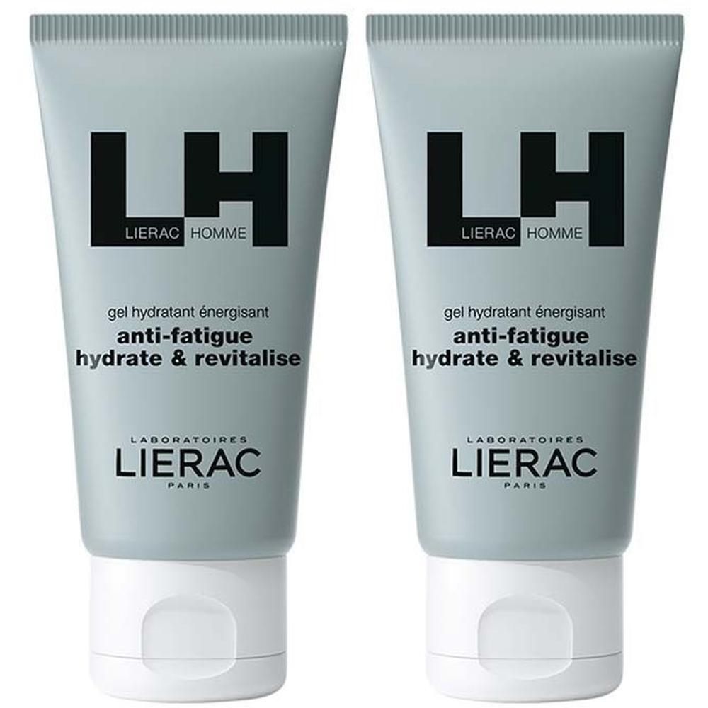 Zwei Tuben LIERAC Homme Feuchtigkeitsgel. Graue Tuben mit weißem Verschluss. Schwarzer Schriftzug LH und Produktbezeichnung.