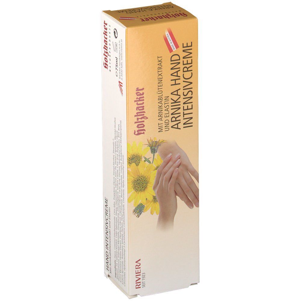 RIVIERA Arnika Hand intensiv Creme-Box. Aufdruck: Arnika Hand intensiv Creme, Sonnenblumen- und Hand-Illustrationen. Holzfacker Naturprodukte Logo.