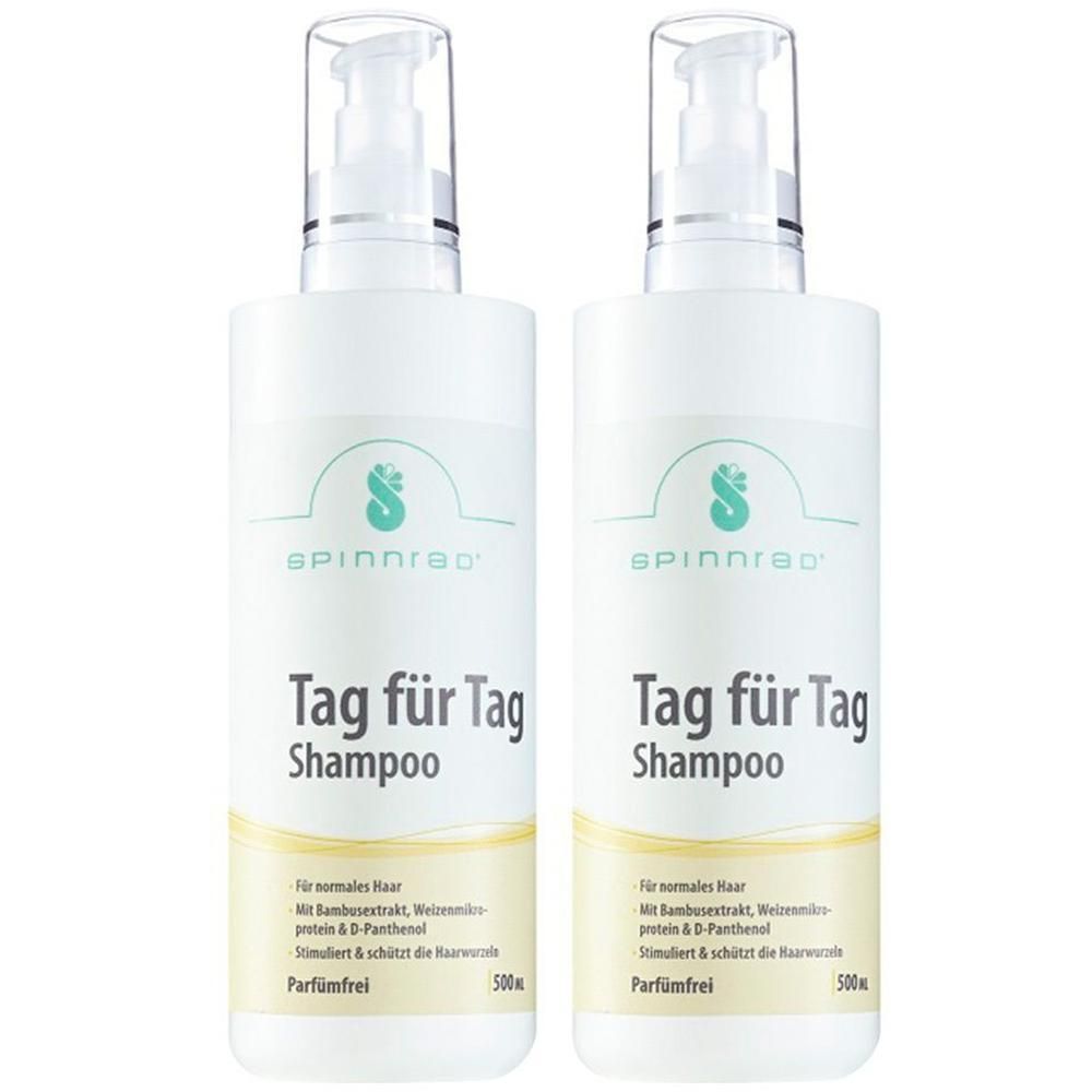 Zwei weiße Shampoo-Flaschen mit Pumpaufsatz. Aufschrift: Spinnrad, Tag für Tag Shampoo. Enthält Bambusextrakt und D-Panthenol. Parfümfrei.