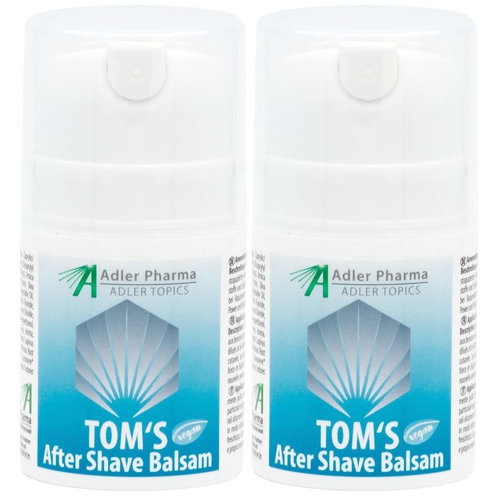 Zwei weiße Flaschen mit Aufschrift TOM'S After Shave Balsam. Adler Pharma Logo und vegan-Siegel sind ebenfalls sichtbar.