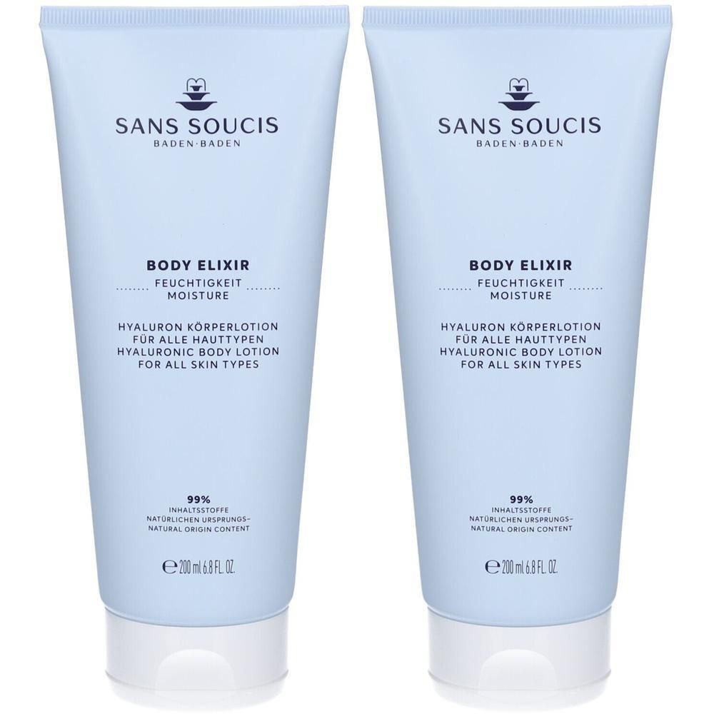 Zwei hellblaue Tuben. Aufschrift: SANS SOUCIS, BODY ELIXIR, Hyaluron Körperlotion für alle Hauttypen. 99% natürlichen Ursprungs.
