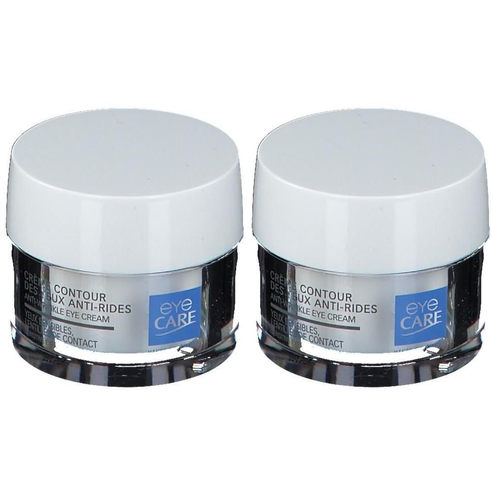 Zwei Tiegel Augencreme mit weißen Deckeln. Auf den Etiketten steht "CONTOUR AUX ANTI-RIDES" und "EYE CARE".