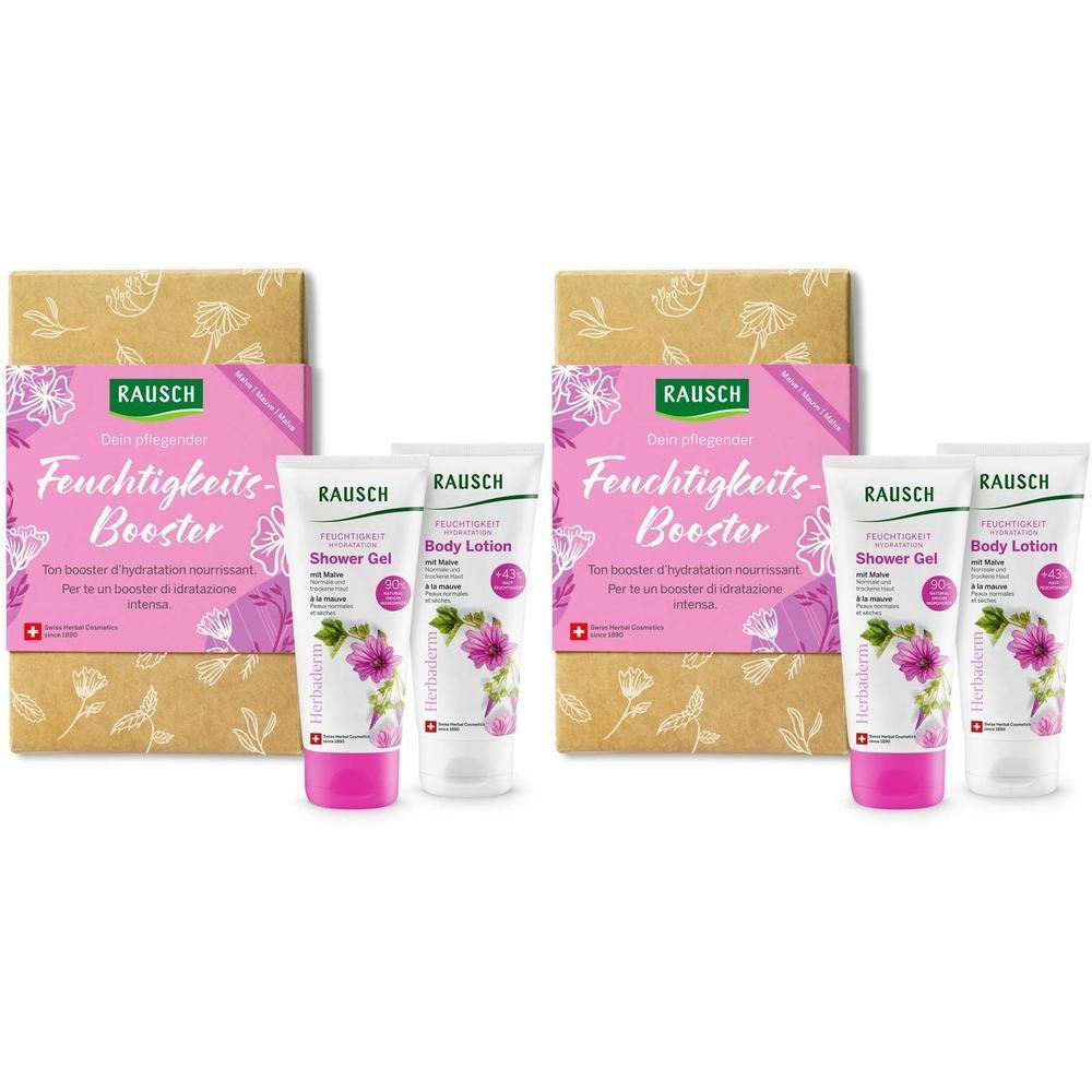 Zwei Geschenksets. Jedes Set enthält eine Tube Duschgel und eine Tube Body Lotion. Verpackung mit floralem Design und Produktnamen.