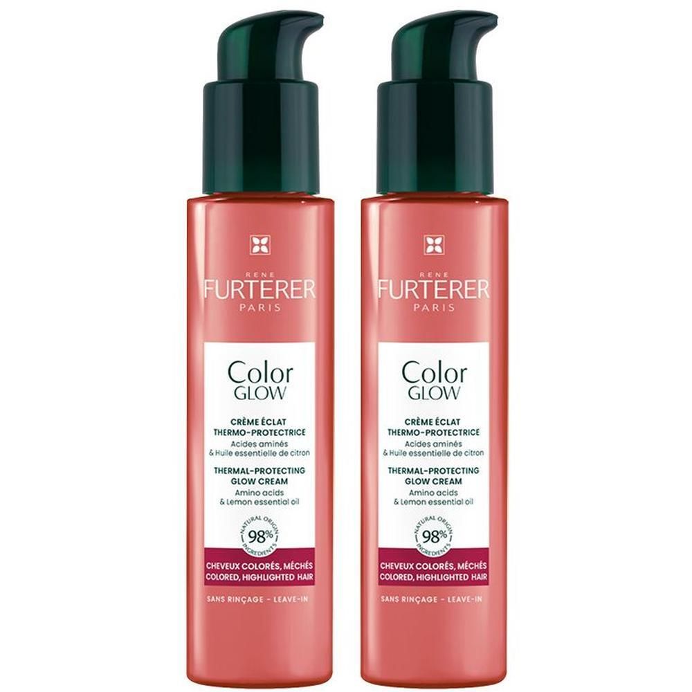 Zwei Flaschen Color Glow Creme. Rosa Flaschen mit grünem Pumpkopf. Text: RENE FURTERER PARIS, Color Glow, Thermal-Protecting Glow Cream.