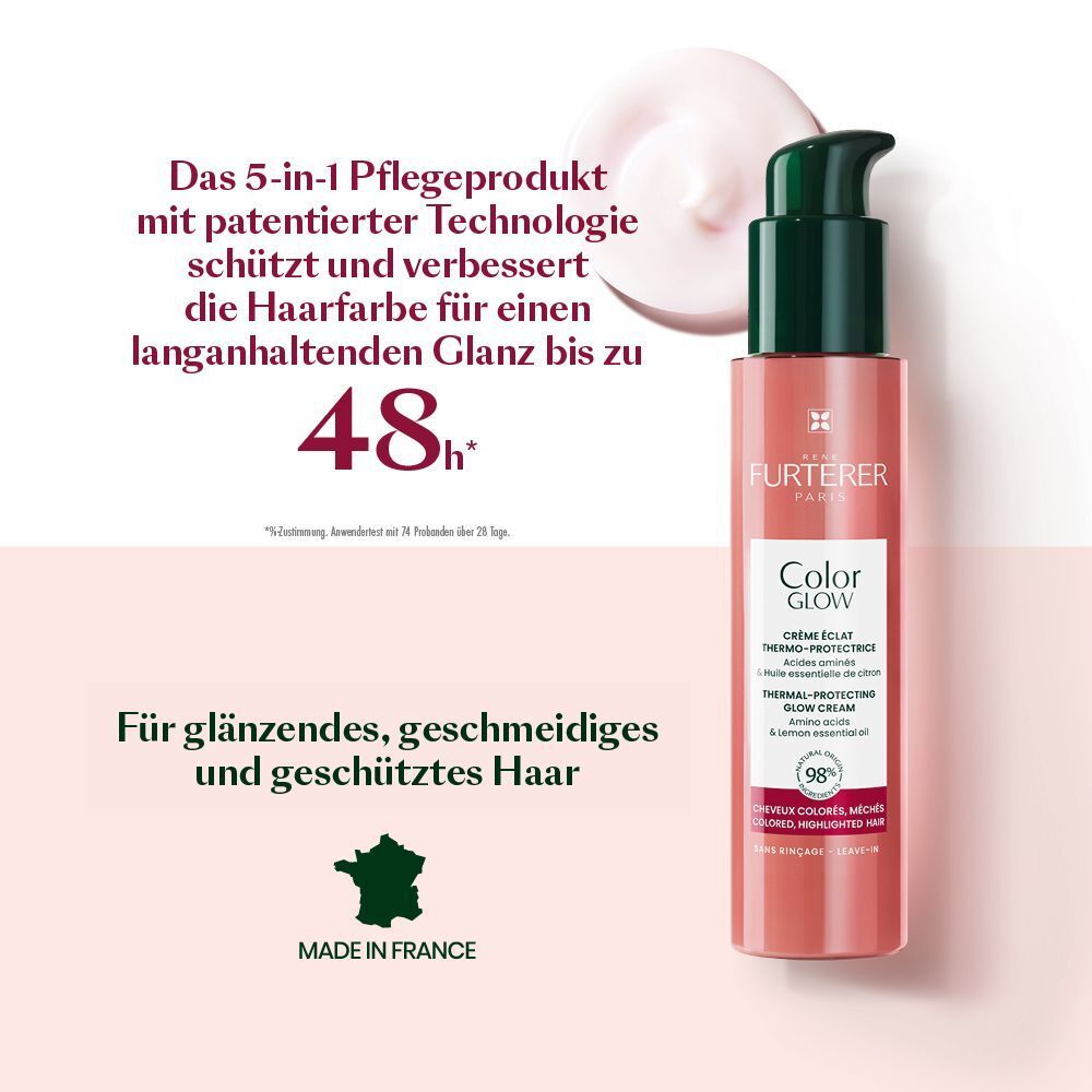 Produktflasche mit Creme-Klecks. Text: 5-in-1 Pflegeprodukt, schützt und verbessert die Haarfarbe. Made in France. 48h Glanz.