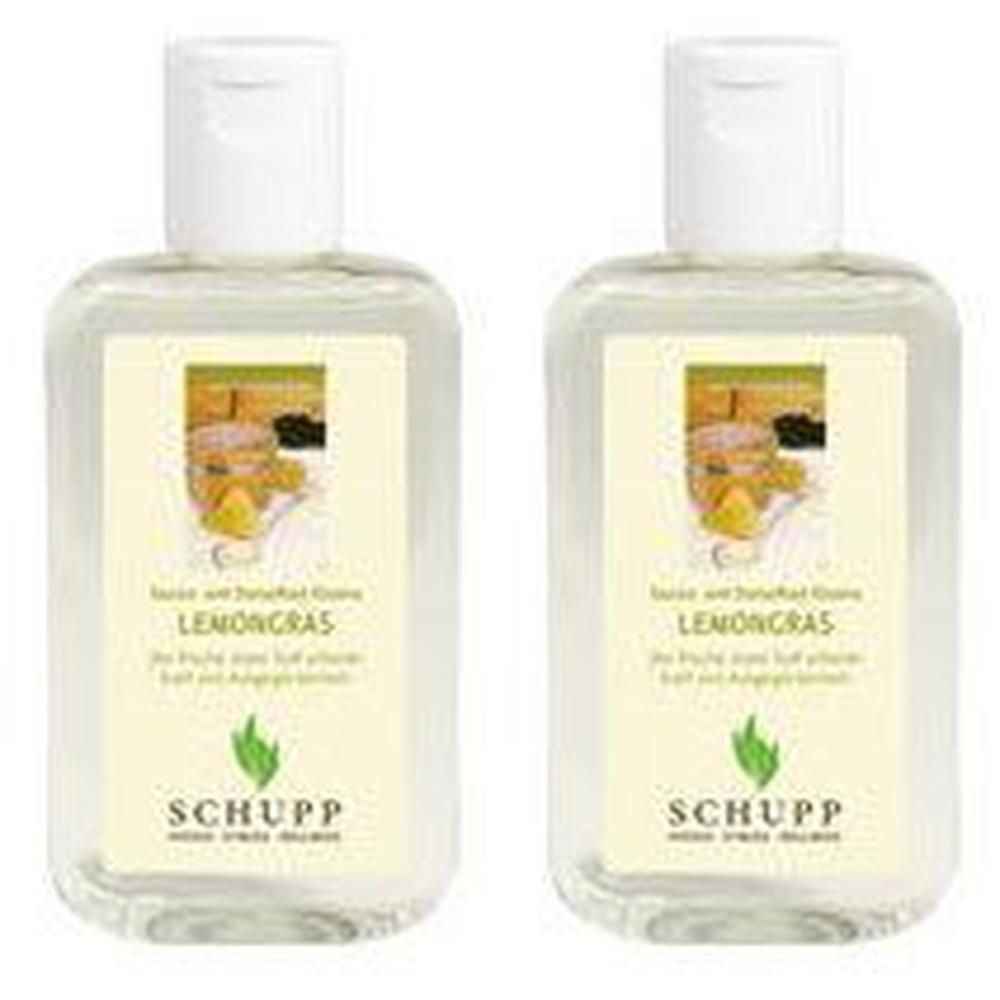 Zwei transparente Flaschen mit weißem Verschluss und Etikett. Aufschrift: LEMONGRAS, SCHUPP.