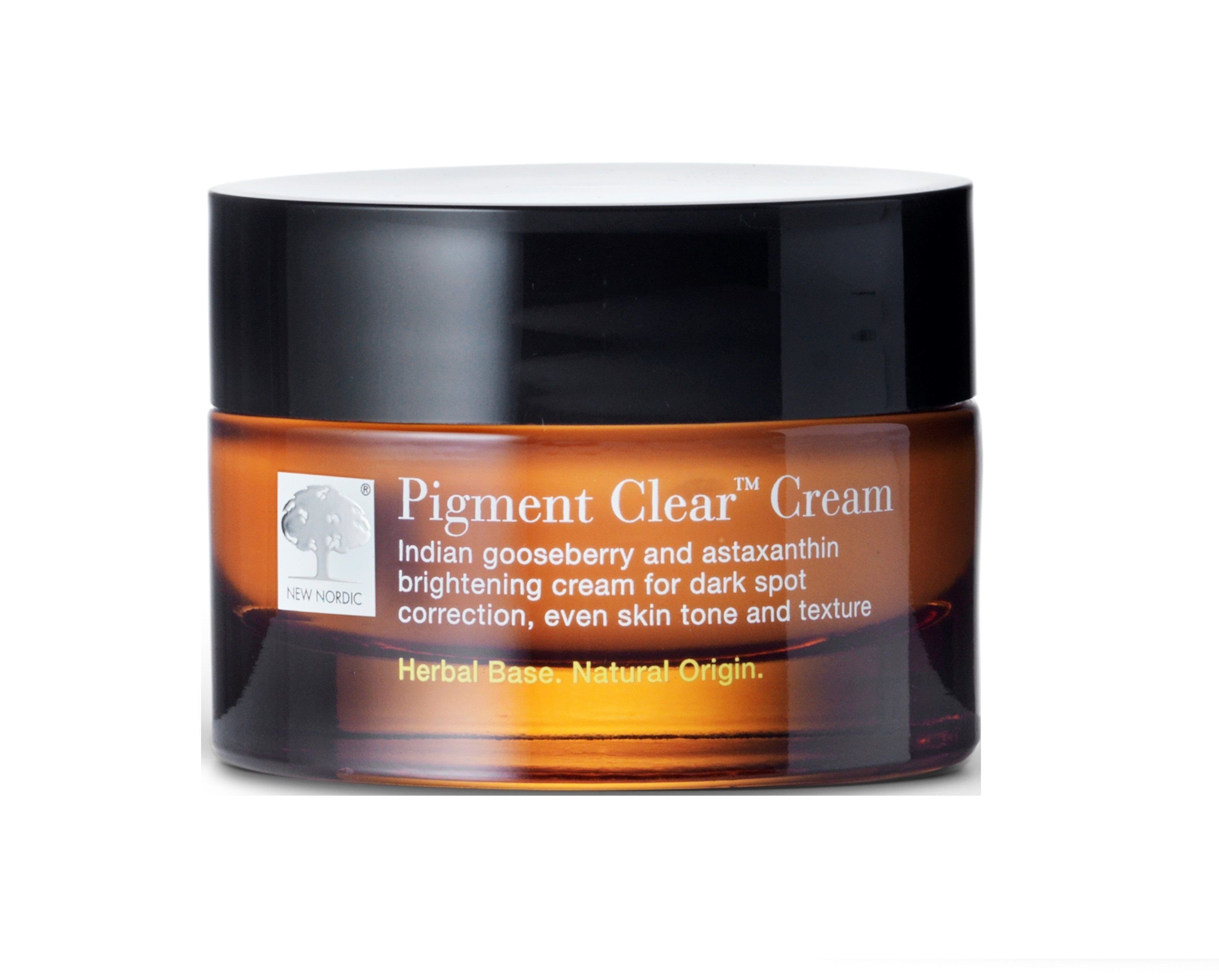 Glasbehälter PIGMENT Clear Cream mit schwarzem Deckel. Braune Flüssigkeit sichtbar. Text: Indian gooseberry and astaxanthin brightening cream.