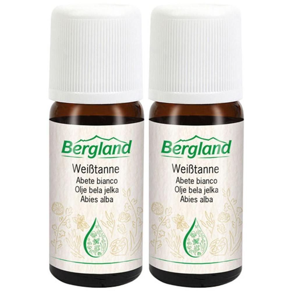 Zwei kleine braune Glasflaschen mit weißen Deckeln. Auf den Etiketten steht "Bergland Weißtanne".