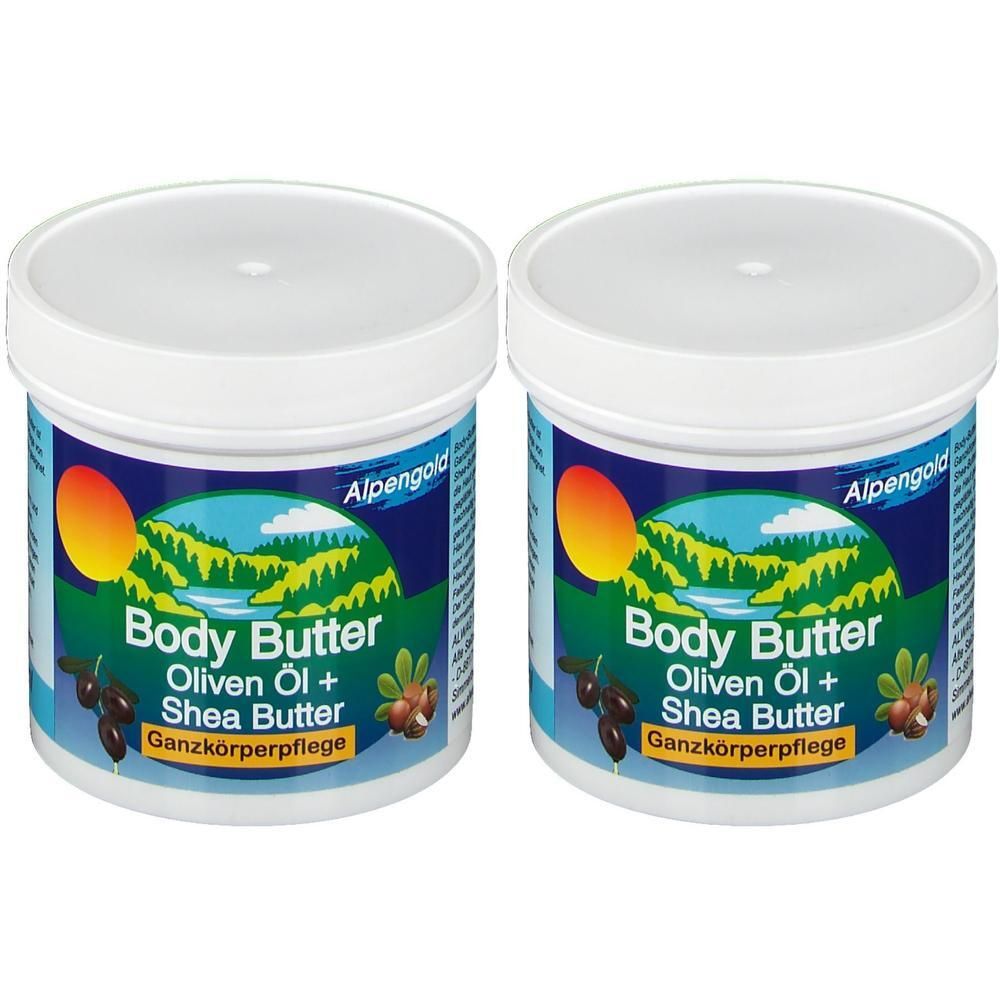 Zwei weiße Tiegel mit Deckel. Auf den Etiketten: Body Butter, Oliven Öl + Shea Butter, Ganzkörperpflege. Marke: Alpengold.