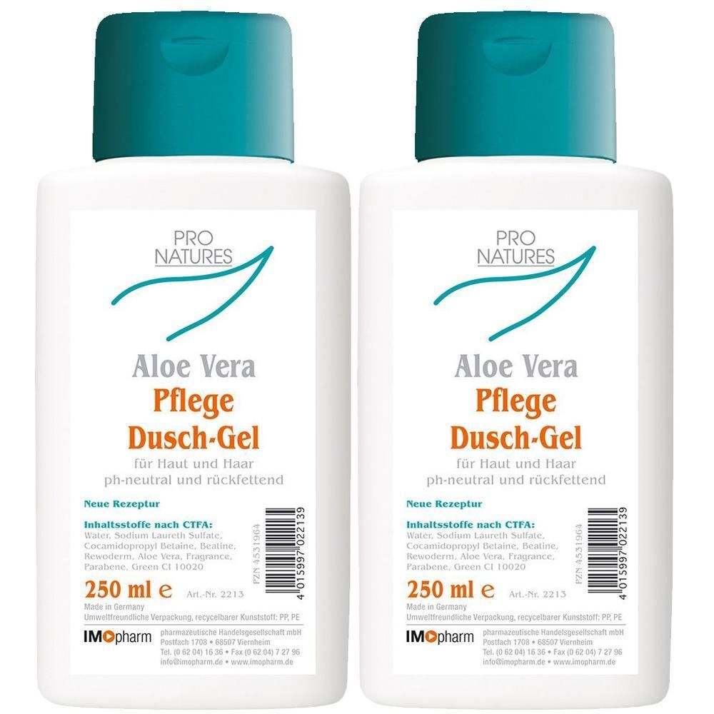 Zwei weiße Flaschen mit türkisfarbenen Deckeln. Aufschrift: PRO NATURES Aloe Vera Pflege Dusch-Gel. 250 ml.