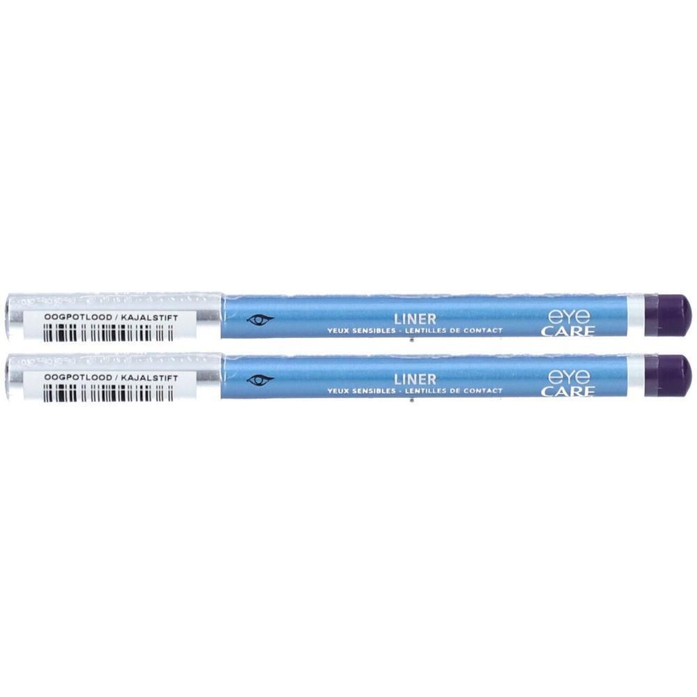 Zwei lila Kajalstifte. Blaue Stifte mit silbernen Enden. Aufschrift: eye CARE, LINER, OOGPOTLOOD / KAJALSTIFT.