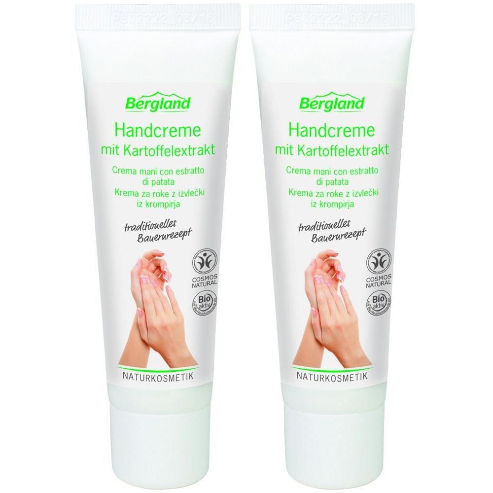 Zwei Tuben Handcreme. Aufschrift: Bergland Handcreme mit Kartoffelextrakt. Naturkosmetik. Bio-Siegel.