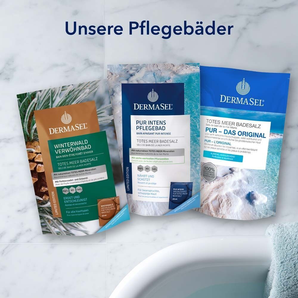 Drei verschiedene DermaSel® Badezusätze. Verpackungen mit Produktinformationen.