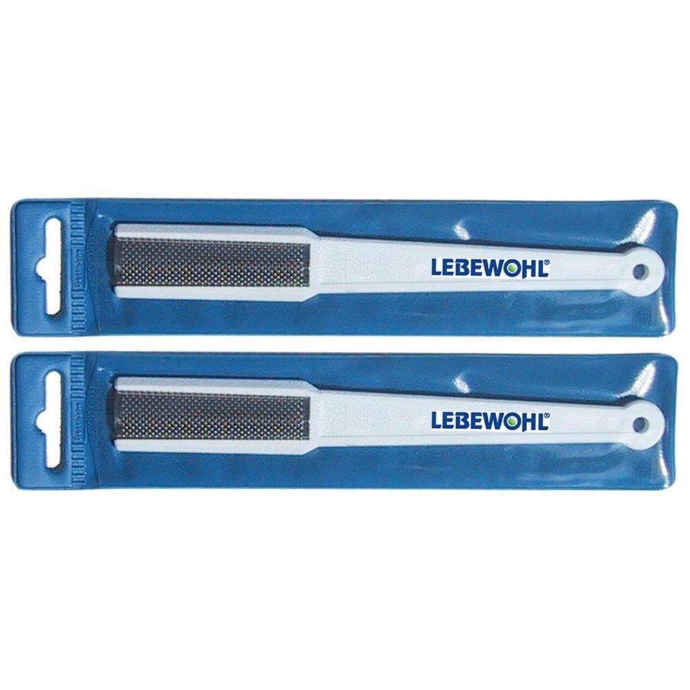 Zwei LEBEWOHL® Hornhaut-Feilen in Blisterverpackung. Weiße Griffe, schwarze Reibefläche. Produktname und Marke sichtbar.