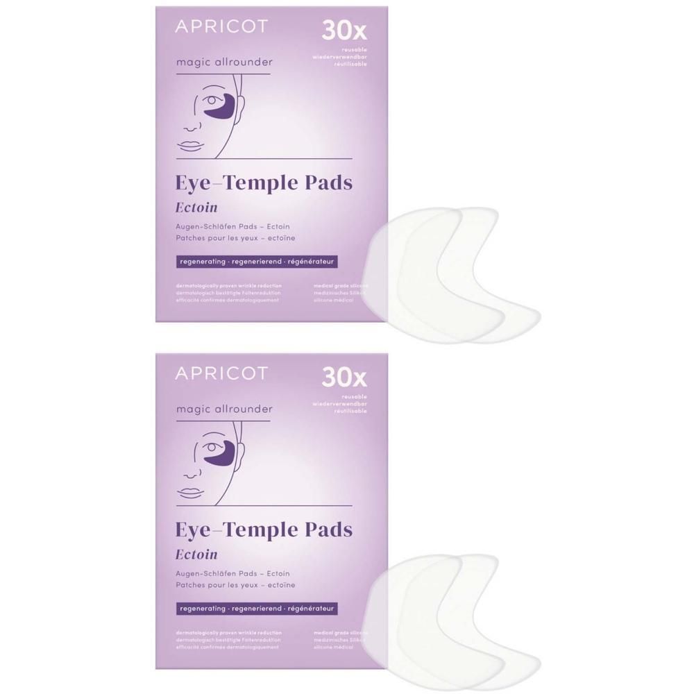 Zwei Packungen mit Augen-Schläfen Pads. Auf jeder Packung steht "APRICOT", "30x" und "Eye-Temple Pads Ectoin". Daneben liegen Pads.