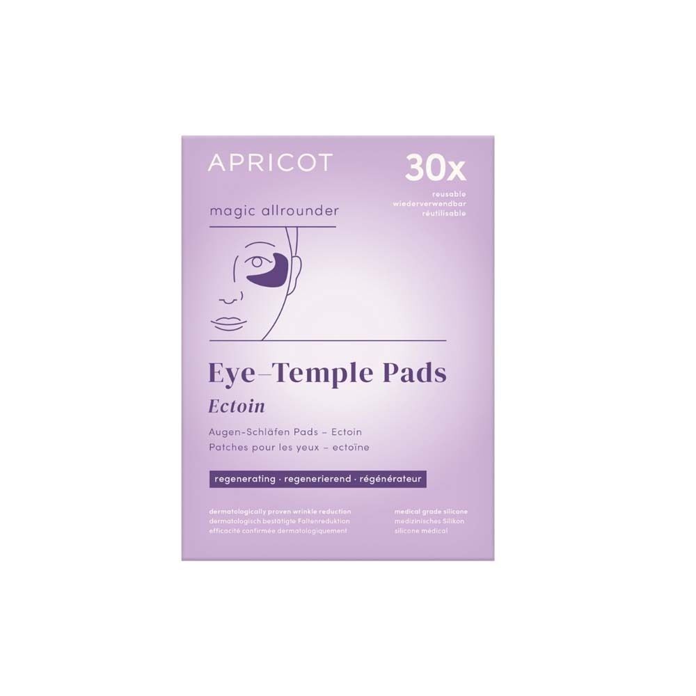 Eine Packung Augen-Schläfen Pads mit der Aufschrift "APRICOT", "30x" und "Eye-Temple Pads Ectoin".