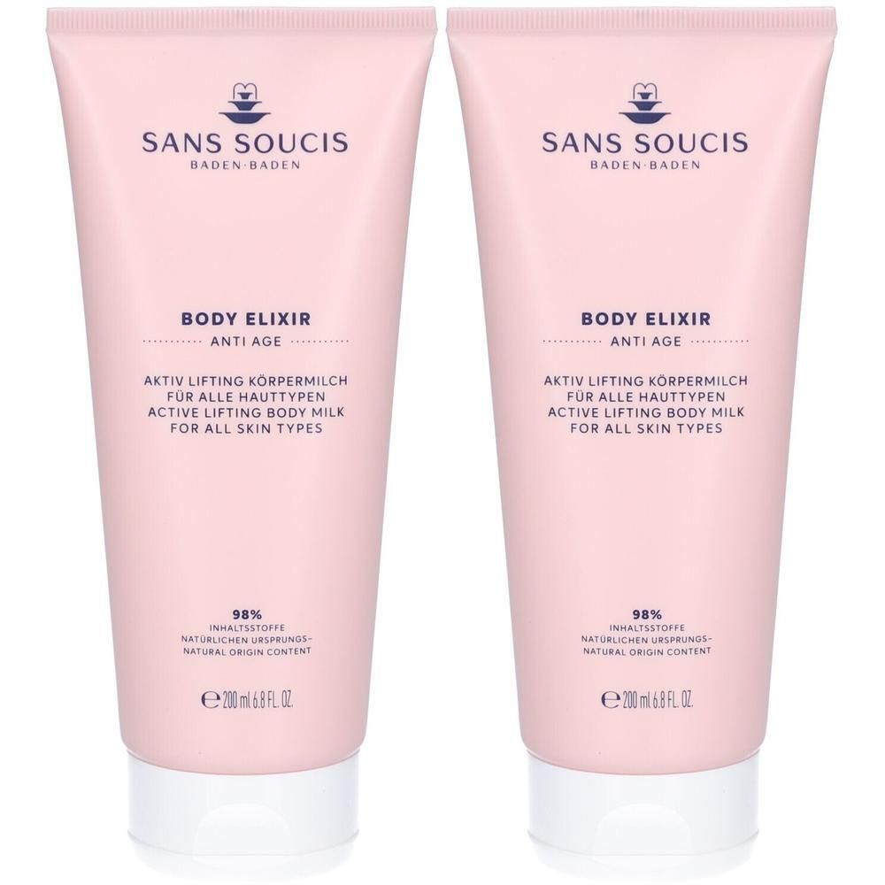 Zwei rosa Tuben mit weißem Verschluss. Aufschrift: Sans Soucis, Body Elixir Anti Age, Aktiv Lifting Körpermilch. 98% Inhaltsstoffe natürlichen Ursprungs.