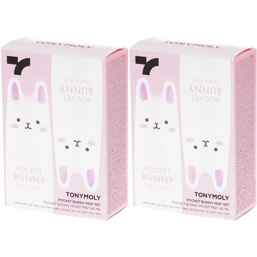 Zwei rosa Kartons mit Hasen-Design. Aufschrift: POCKET BUNNY MIST SET von TONYMOLY.
