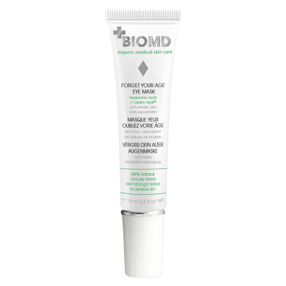 Tube BIOMD Augenmaske. Text in Deutsch, Englisch und Französisch. 15 ml, 0.5 fl oz NET. Für empfindliche Haut.