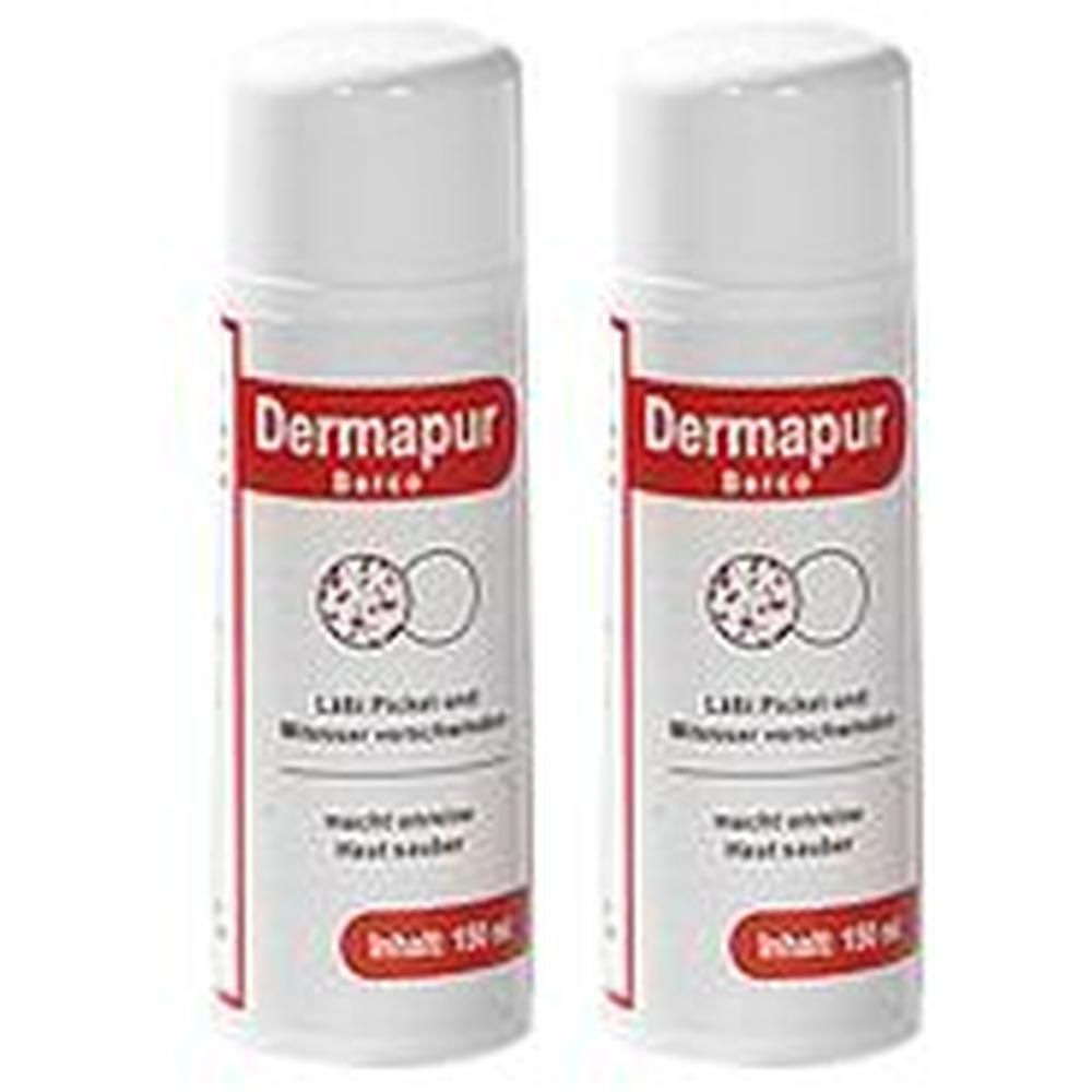 Zwei weiße Sprühflaschen mit roter Beschriftung. Aufschrift: Dermapur, Inhalt 150 ml. Text: Lässt Pickel und Mitesser verschwinden. Macht erholsame Haut sauber.